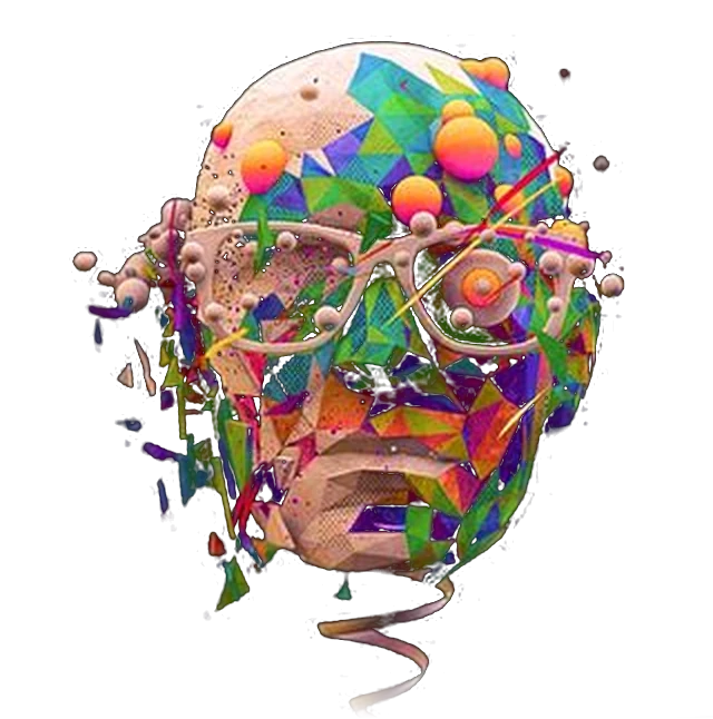 Colourful faceted 3D sculpture of a human face